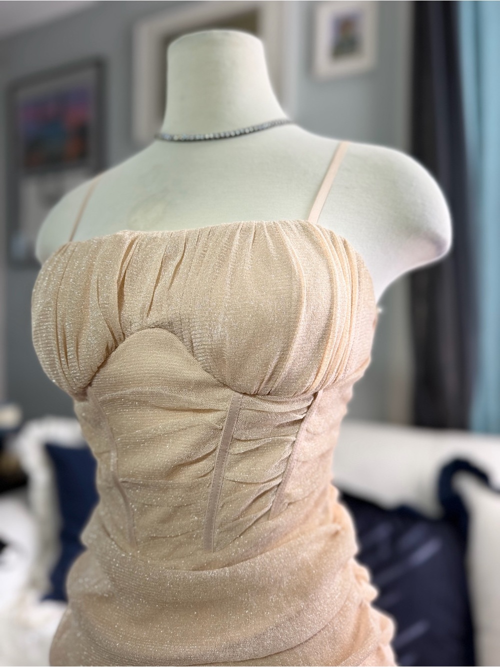 Champagne Shimmer Ruched Slip Dress in Nude - Picture 3 of 9